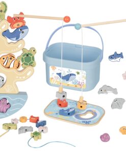 Tooky Toy medinis jūros pasaulio rinkinys 2in1: balansavimo bokštas + magnetinė žvejyba