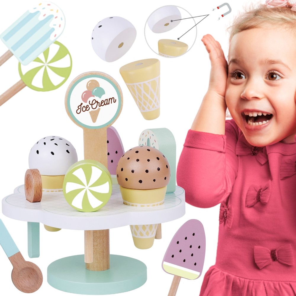 Tooky Toy medinis magnetinių ledų stendas su 7 ledais ir šaukšteliu