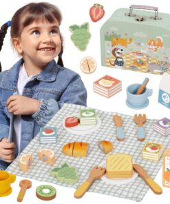 Tooky Toy medinis pikniko rinkinys lagamine su aksesuarais