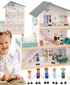 Tooky Toy modernus 3 aukštų medinis lėlių namas su 6 lėlėmis ir baldais