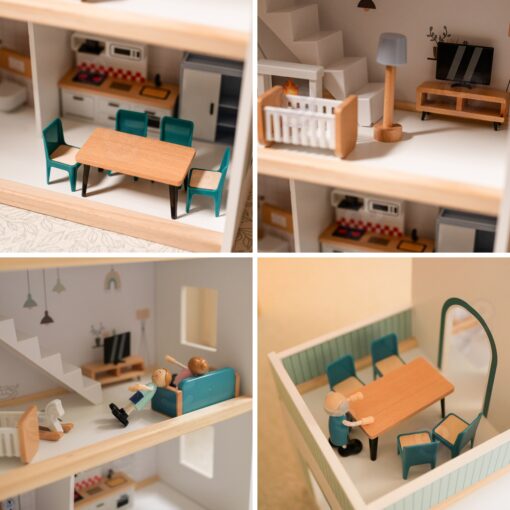 Tooky Toy modernus 3 aukštų medinis lėlių namas su 6 lėlėmis ir baldais