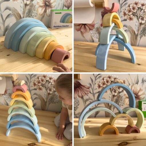 Tooky Toy pastelinių medinių vaivorykštės lankų rinkinys – 8 el.