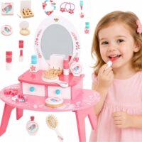 Tooky Toy rožinis medinis kosmetinis staliukas su veidrodžiu ir aksesuarais