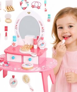Tooky Toy rožinis medinis kosmetinis staliukas su veidrodžiu ir aksesuarais