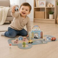 Tooky Toy „Mini Miestas“ pridedama torba – nešiojamas miesto pasaulis mažoms rankoms