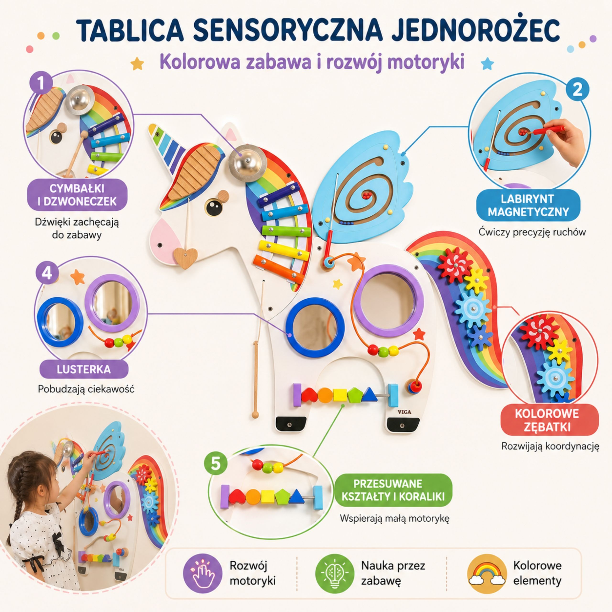 Viga medinė sieninė sensorinė lenta „Vienaragis“