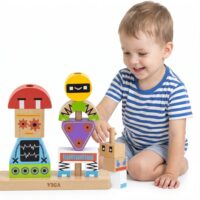 Viga medinis konstruktorius „Robotai“ – 8 detalės + kortelės