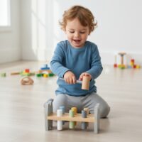 Viga medinis spalvotas kaladėlių kalimo žaislas su plaktuku