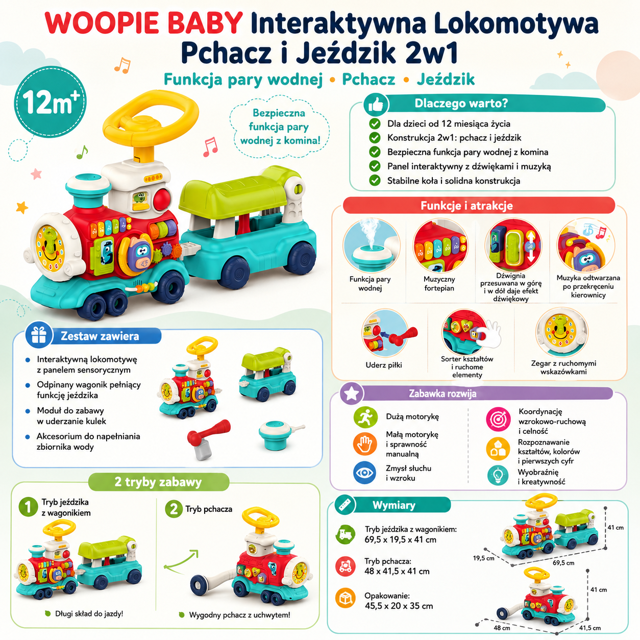 WOOPIE BABY 2-in-1 interaktyvi lokomotyvė – stumdukas ir paspiriama transporto priemonė
