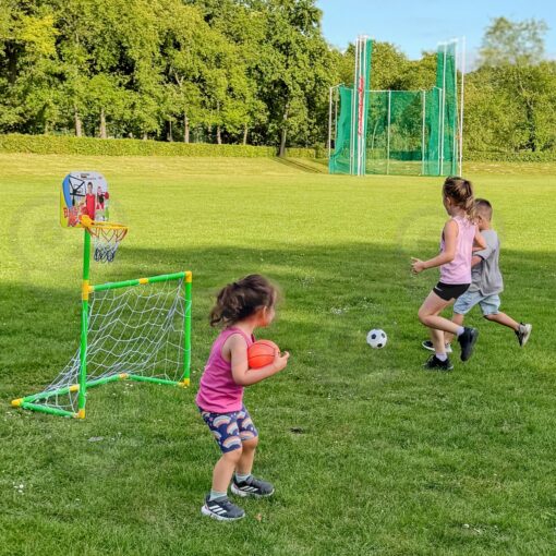 Woopie 2in1 sporto rinkinys – krepšinis + futbolo vartai su kamuoliais ir pompa
