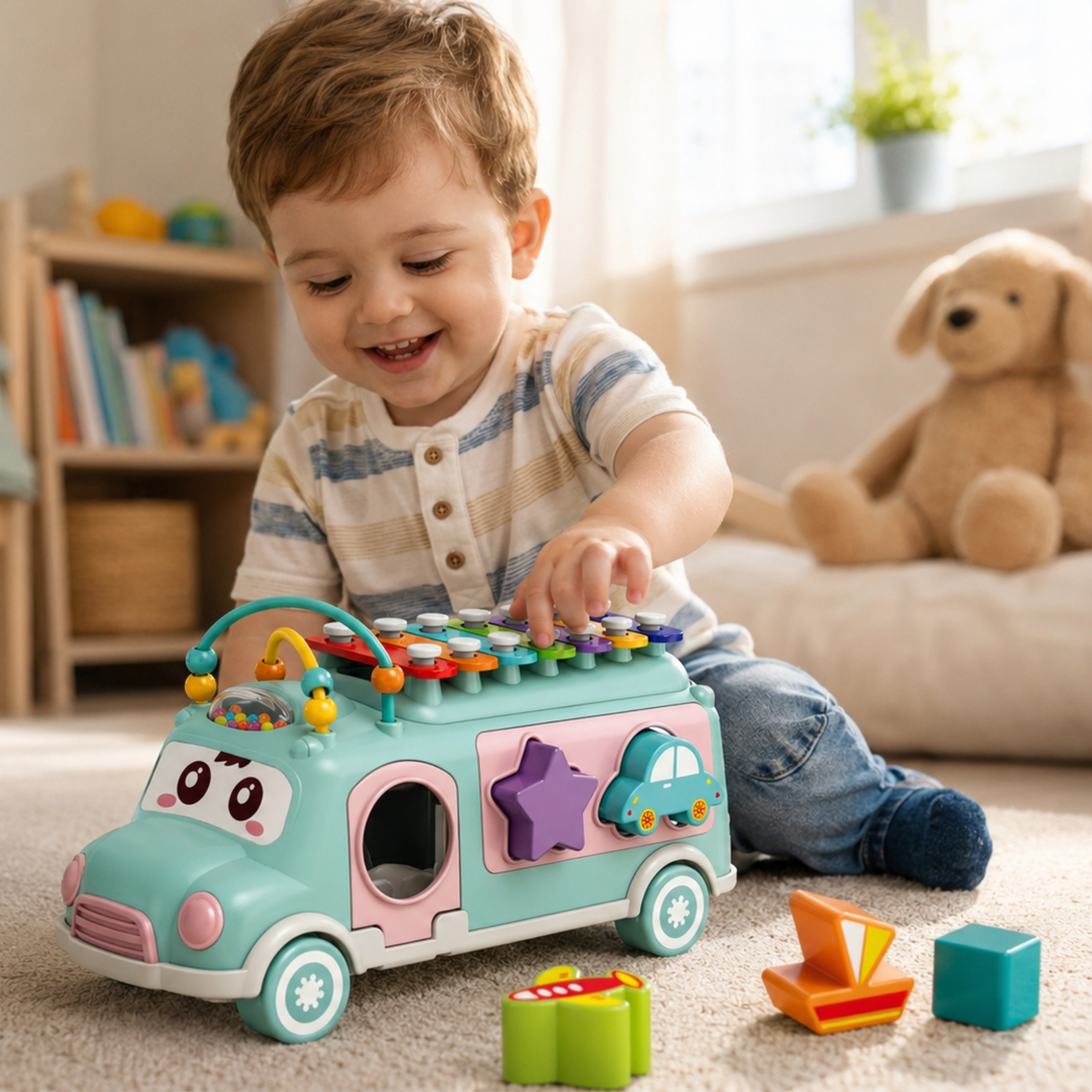 Woopie Baby muzikinis traukiamas automobilis–sorteris su cimbolais 3‑in‑1