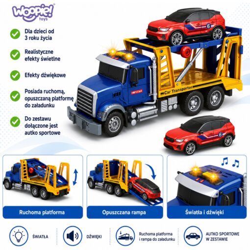 Woopie didelis automobilių transporterio sunkvežimis 1:14 su sportiniu automobiliu