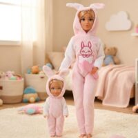 Woopie lėlių rinkinys „Rožiniai triušiukai“ – mama ir mažylė su kombinezonais