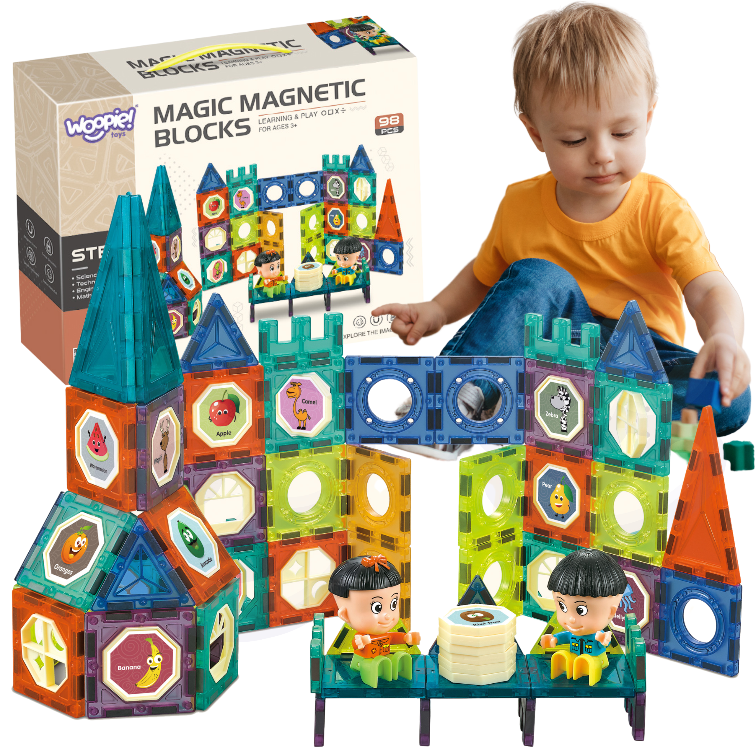 Woopie magnetinės kaladėlės su figūrėlėmis – 98 el.