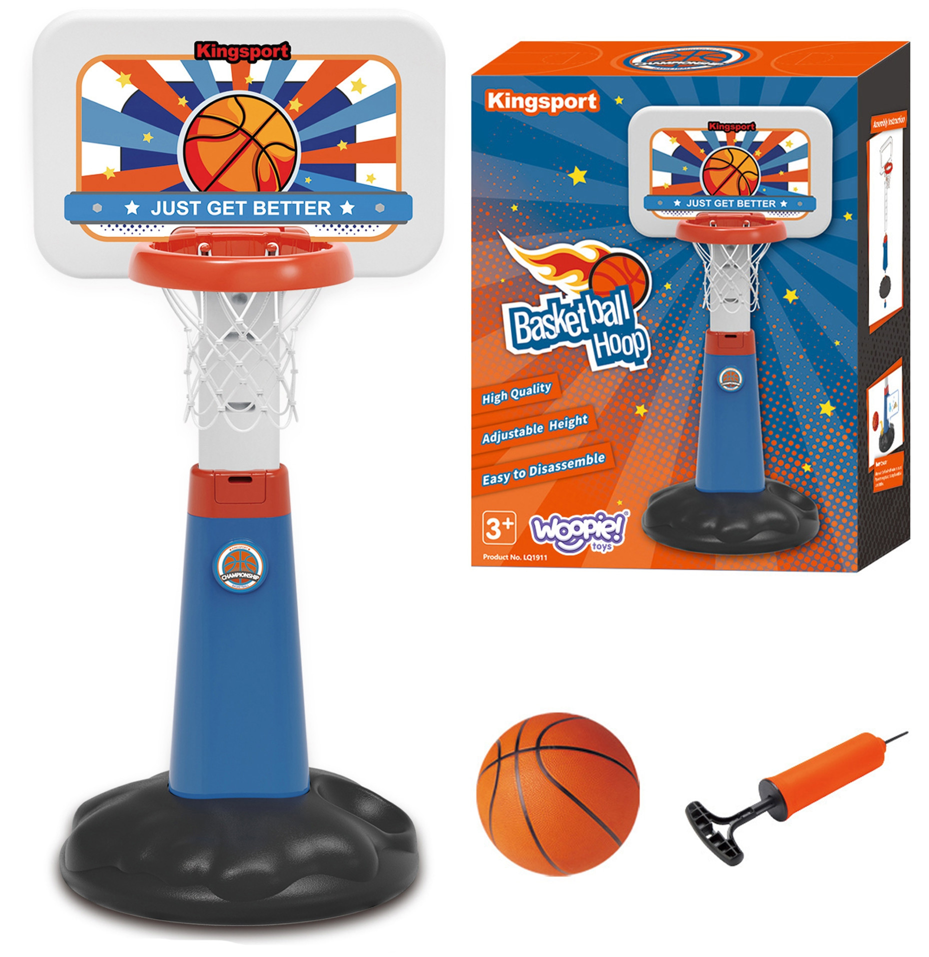 Woopie reguliuojamas krepšinio stovas su kamuoliu ir pompa – 99–125 cm
