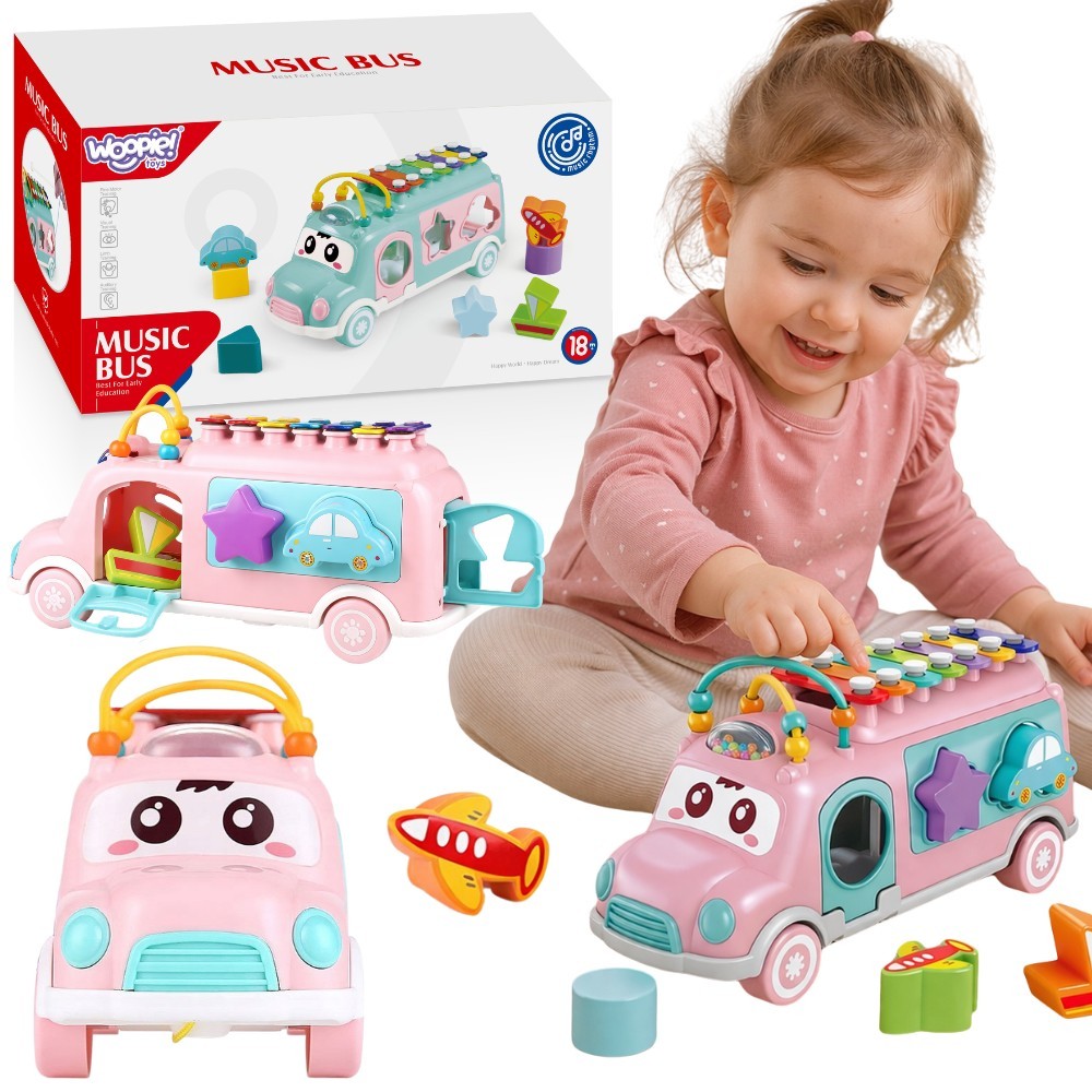 Woopie rožinis muzikinis automobilis–sorteris su cimbolais 3in1