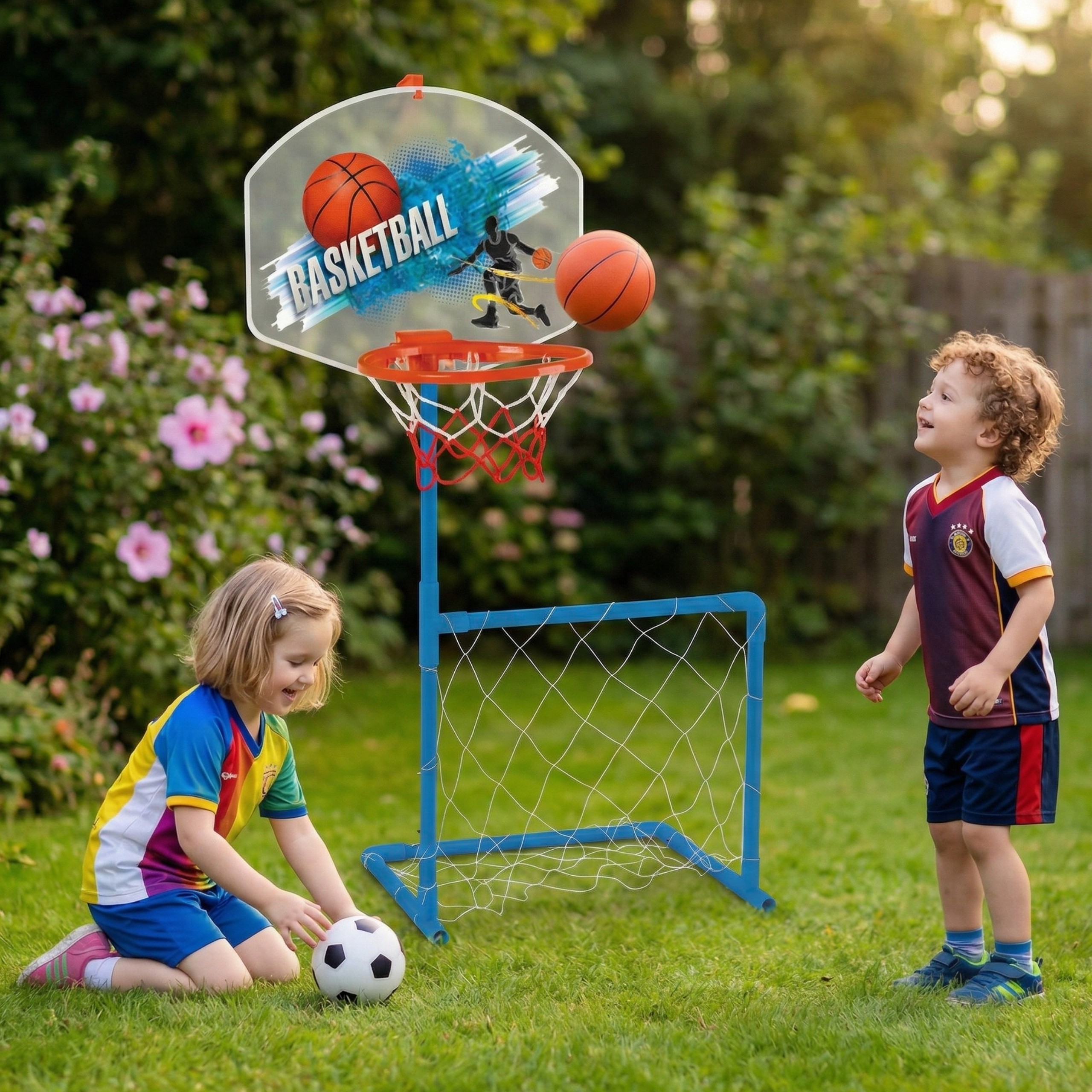 Woopie sporto rinkinys 2in1: krepšinis + futbolas – su kamuoliu