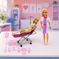 Anlily gydytojos ir pacientės lėlių rinkinys su ligoninės lova ir aksesuarais