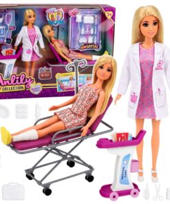 Anlily gydytojos ir pacientės lėlių rinkinys su ligoninės lova ir medicininiu vežimėliu