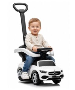Baltas Mercedes 3in1 paspirtukas–mašinėlė su stūmimo rankena