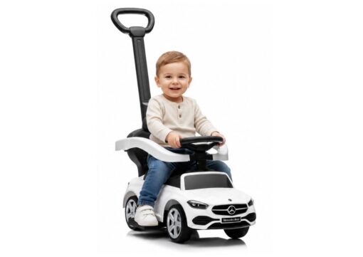 Baltas Mercedes 3in1 paspirtukas–mašinėlė su stūmimo rankena