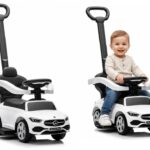 Baltas Mercedes 3in1 paspirtukas–mašinėlė su stūmimo rankena