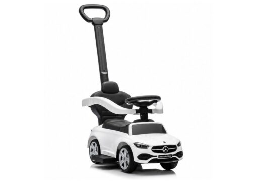Baltas Mercedes 3in1 paspirtukas–mašinėlė su stūmimo rankena