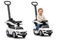 Baltas Mercedes 3in1 paspirtukas–mašinėlė su stūmimo rankena