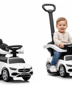 Baltas Mercedes 3in1 paspirtukas–mašinėlė su stūmimo rankena