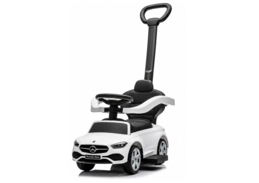 Baltas Mercedes 3in1 paspirtukas–mašinėlė su stūmimo rankena