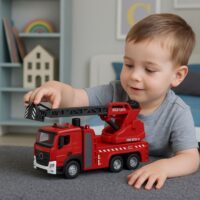 Gaisrinės automobilis su kopėčiomis ir vandens purškimo žarna