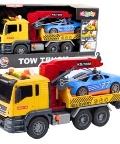 Gelbėjimo sunkvežimis su kranu ir sportiniu automobiliu