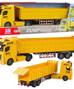 Geltonas transporto sunkvežimis su priekaba