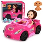 Mini Doll in a Convertible Car Set with Dog Figurine Pink