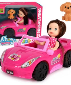Mini Doll in a Convertible Car Set with Dog Figurine Pink