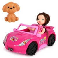 Mini Doll in a Convertible Car Set with Dog Figurine Pink