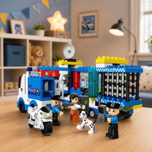 Policijos būstinė su sunkvežimiu ir motociklu