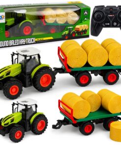 RC ūkinis traktorius su priekaba ir šieno rulonais 1:24