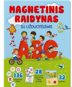 Magnetinis RAIDYNAS su užduotėlėmis. 136 raidės, 28 kortelės, 32 užduotys
