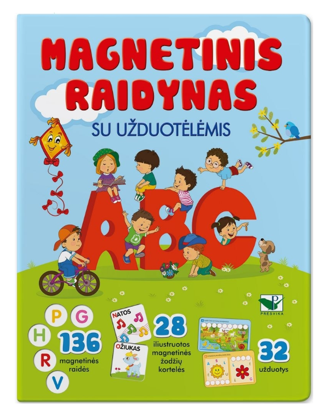 Magnetinis RAIDYNAS su užduotėlėmis. 136 raidės, 28 kortelės, 32 užduotys