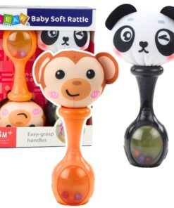 Sensorinių barškučių rinkinys su minkštu kamuoliuku – beždžionėlė ir panda