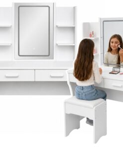 Baltas kosmetinis staliukas su LED veidrodžiu ir 2 stalčiais
