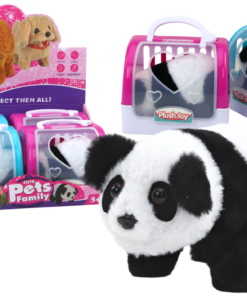 Interaktyvi pliušinė panda su rožiniu–mėlynu transporteriu