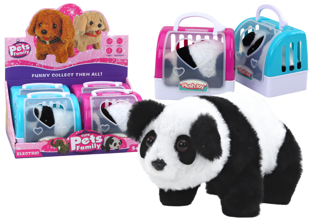 Interaktyvi pliušinė panda su rožiniu–mėlynu transporteriu