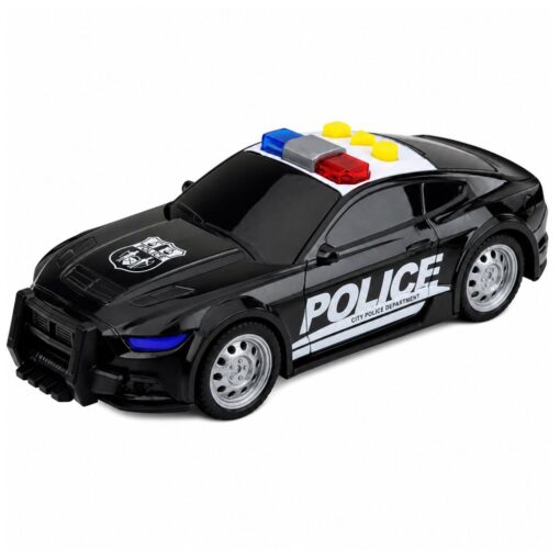 Juodas policijos automobilis su šviesomis ir garsais