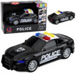 Juodas policijos automobilis su šviesomis ir garsais