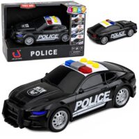 Juodas policijos automobilis su šviesomis ir garsais