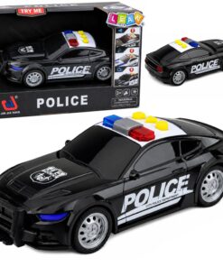 Juodas policijos automobilis su šviesomis ir garsais