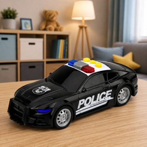 Juodas policijos automobilis su šviesomis ir garsais