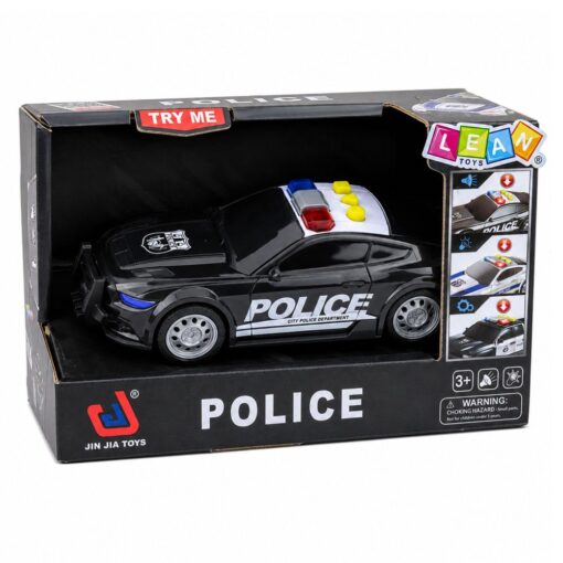 Juodas policijos automobilis su šviesomis ir garsais